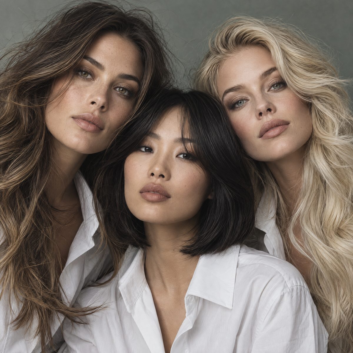 Three women with brown, black and blonde hair in white shirts