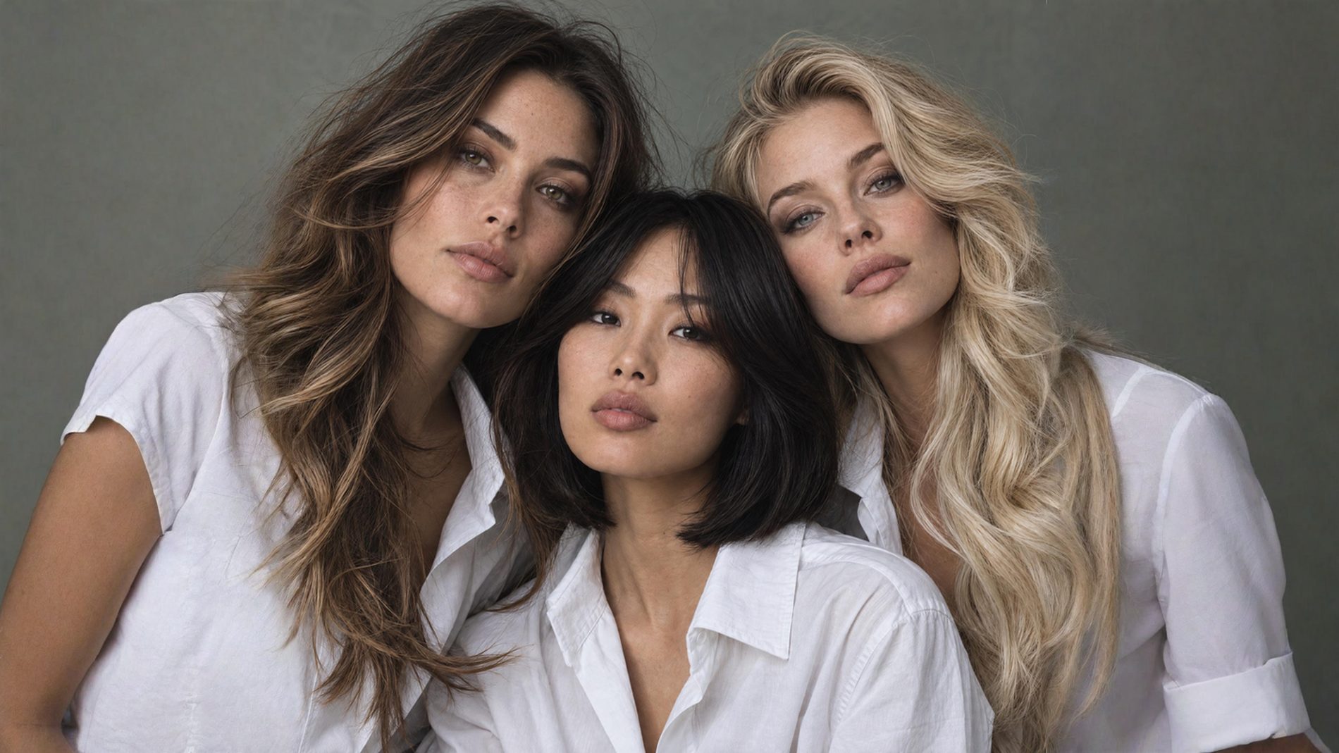 Drie vrouwen met donker, zwart en blond haar in witte hemden