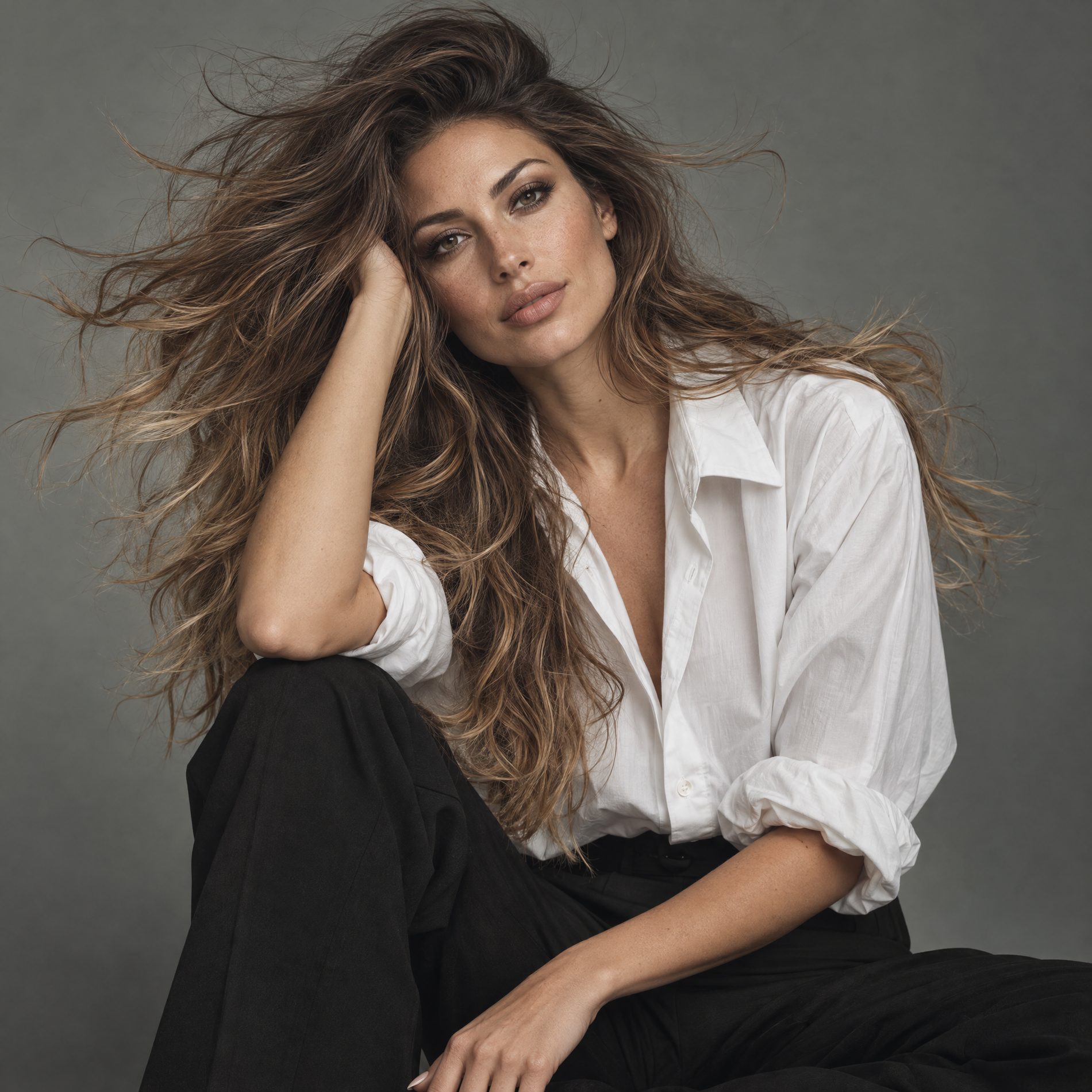 Model met lang, golvend bruin haar in beweging